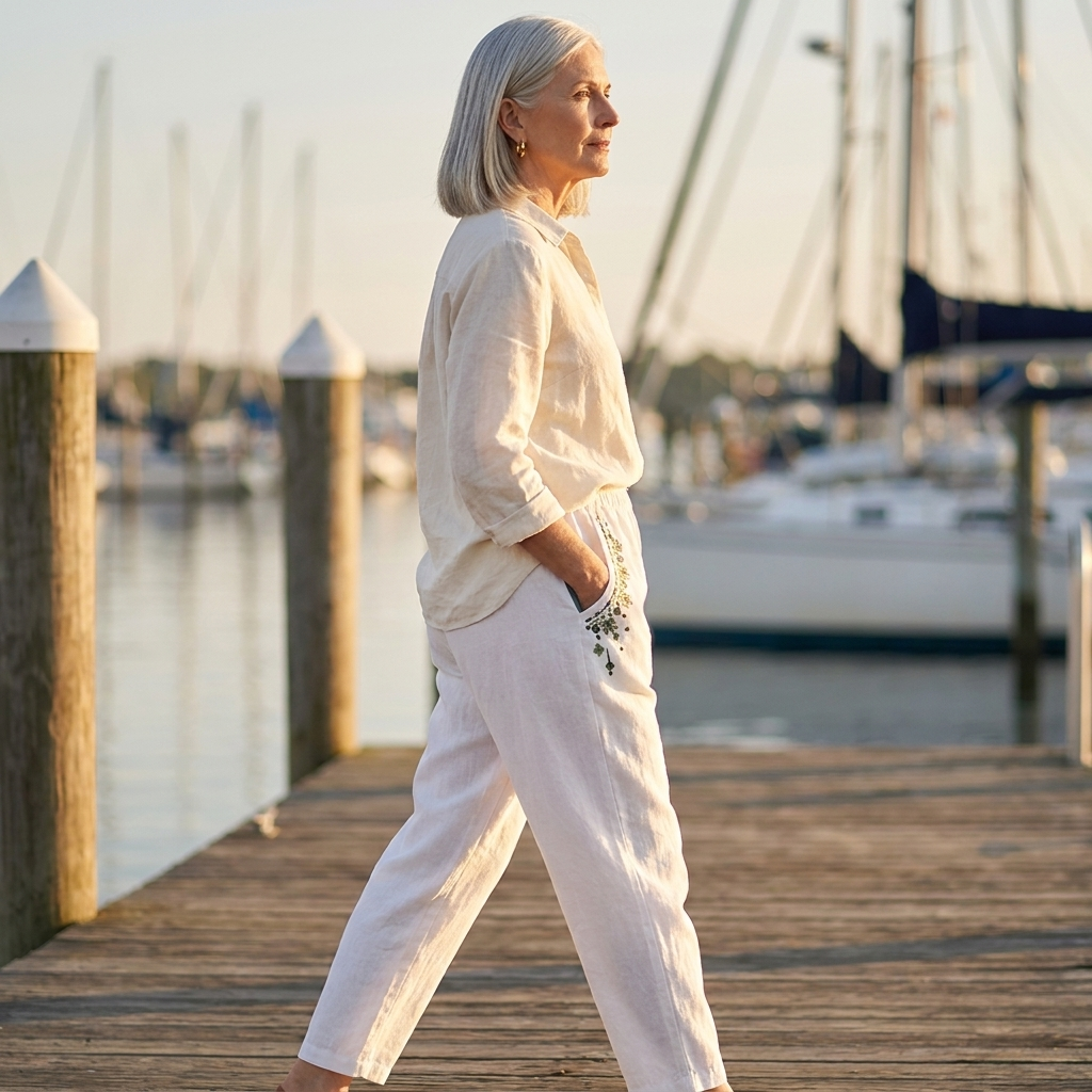 Embroidered Pocket Elastic Waist Linen Look Pants 2