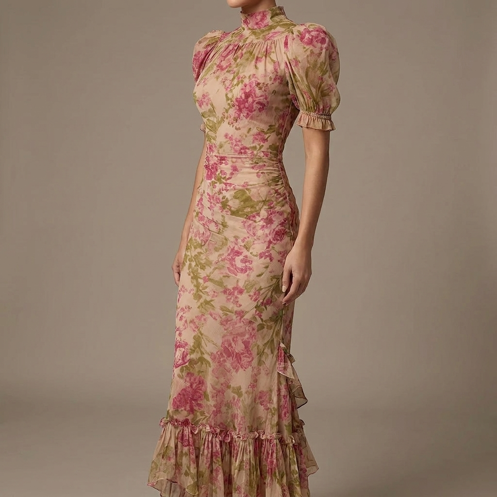 Floral High Neck Puff Sleeve Ruffle Hem Maxi Dress 2