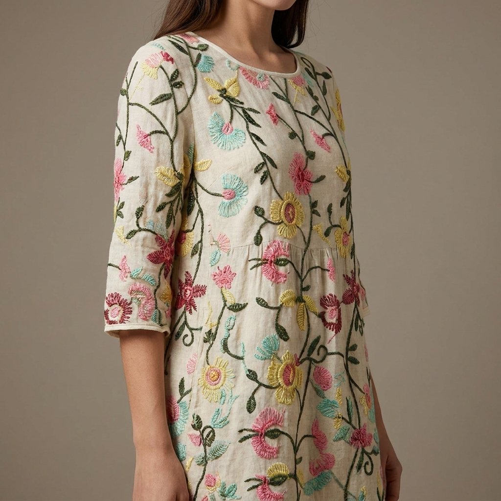 Floral Embroidered Round Neck Long Sleeve Shift Maxi Dress 2