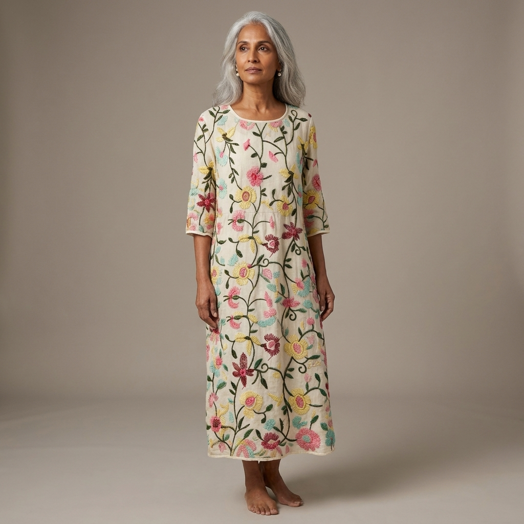 Floral Embroidered Round Neck Long Sleeve Shift Maxi Dress