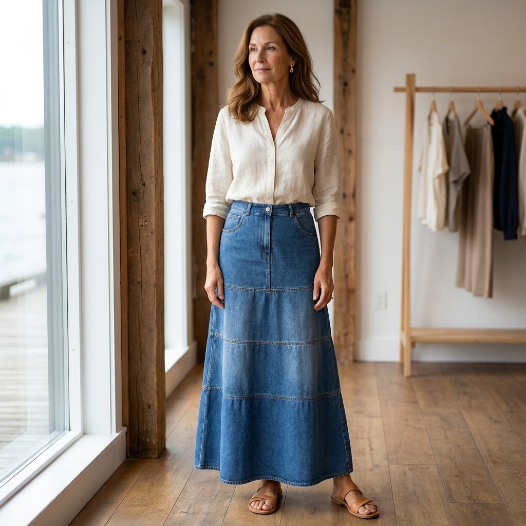 High Waist Tiered A-Line Denim Maxi Skirt