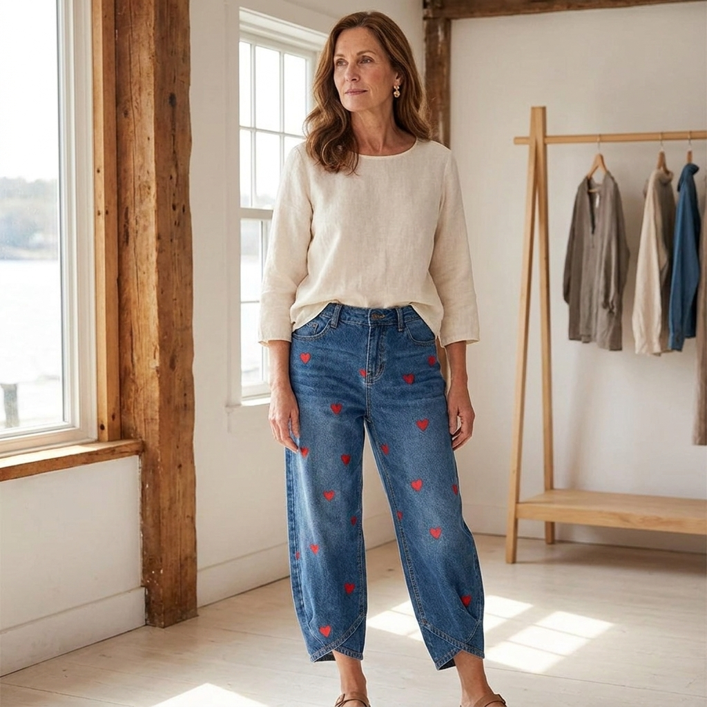 Heart Print High Waist Barrel Leg Ankle Jeans