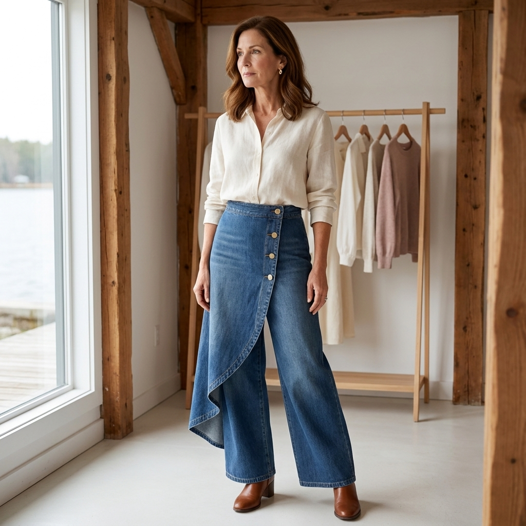 Layered Wrap Wide Leg Denim Trousers