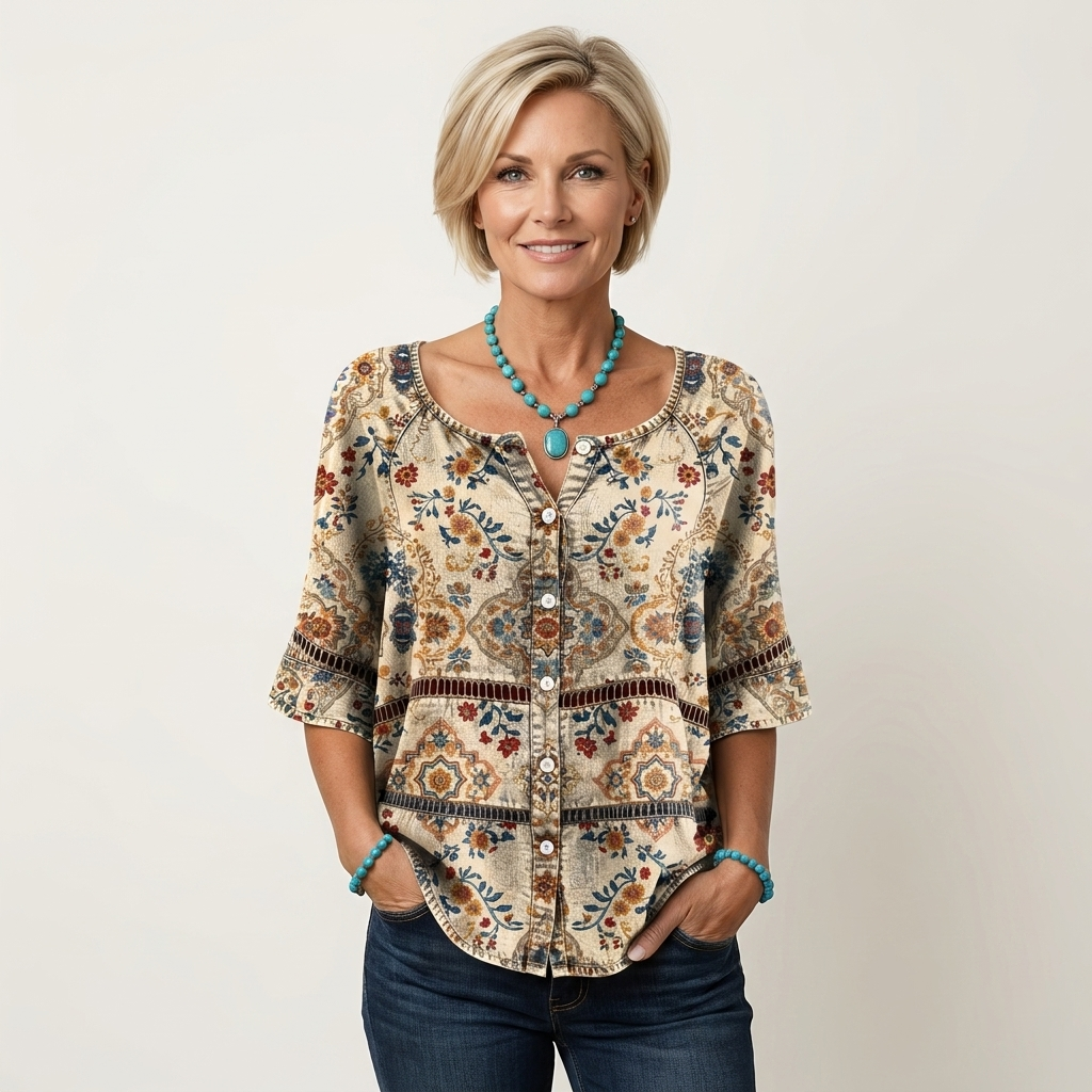 Ornate Floral Print Button Front Three Quarter Sleeve Blouse