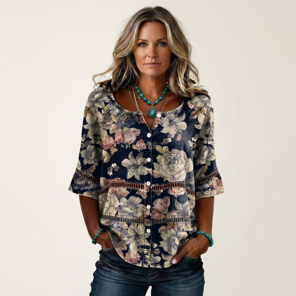 Floral Button Front Lace Trim Three-Quarter Sleeve Blouse
