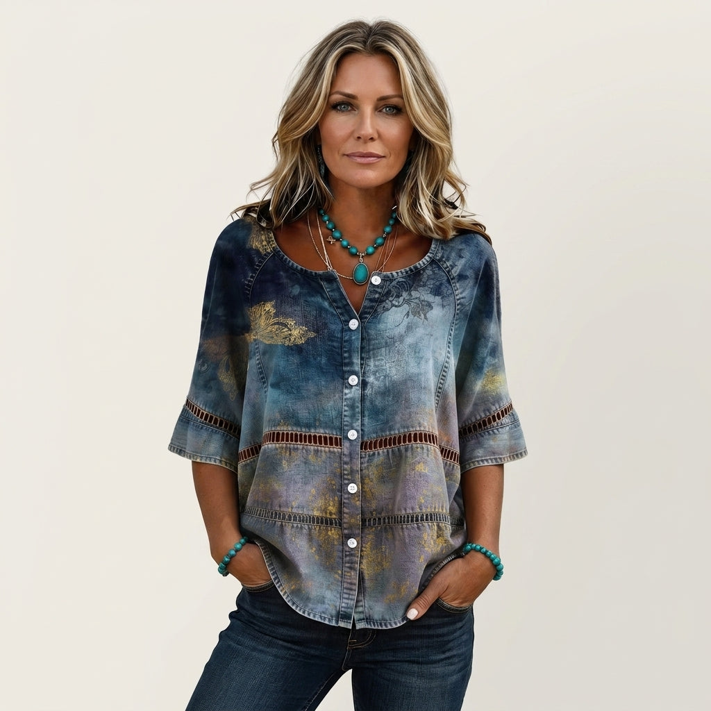 Denim Look Button Front Crochet Trim Blouse