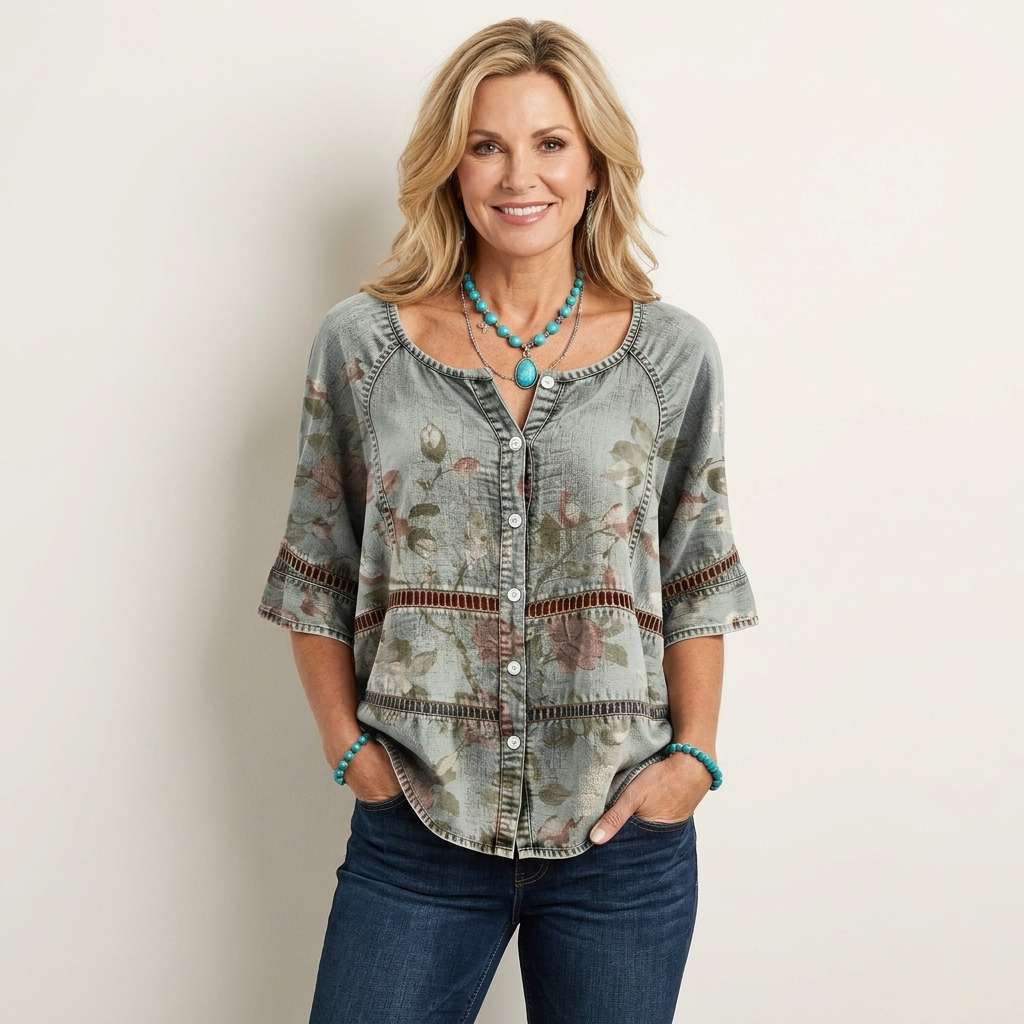 Abstract Patchwork Print Round Neck Button Front Half Sleeve Blouse