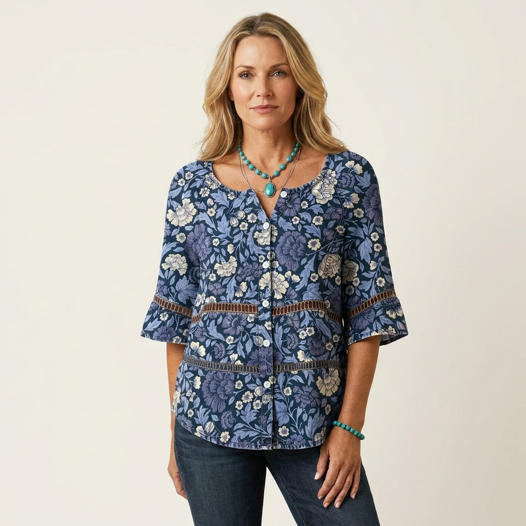 Vintage Tile Print Waffle Knit Button Henley Short Sleeve Top
