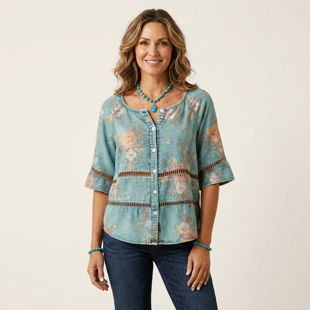 Floral Print Button Front Lace Trim Bell Sleeve Blouse
