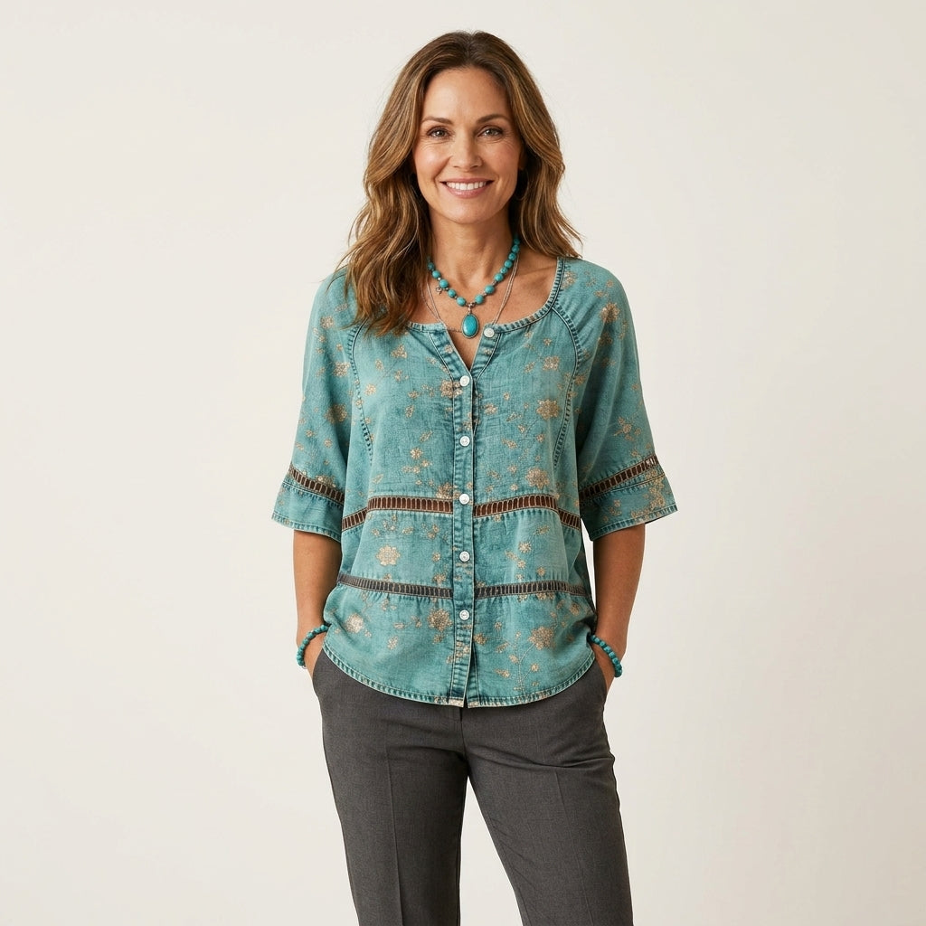 Floral Crochet Trim Button Front Half Sleeve Blouse