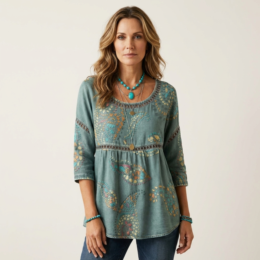 Paisley Print Scoop Neck Three Quarter Sleeve Lace Trim Tunic Top