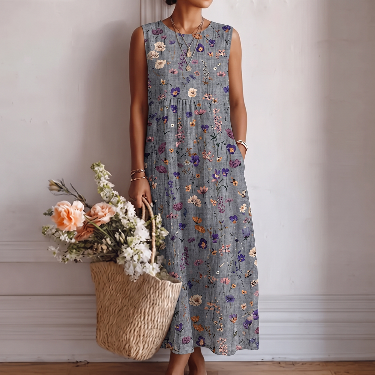 Floral Print Round Neck Sleeveless Pocket Midi Dress