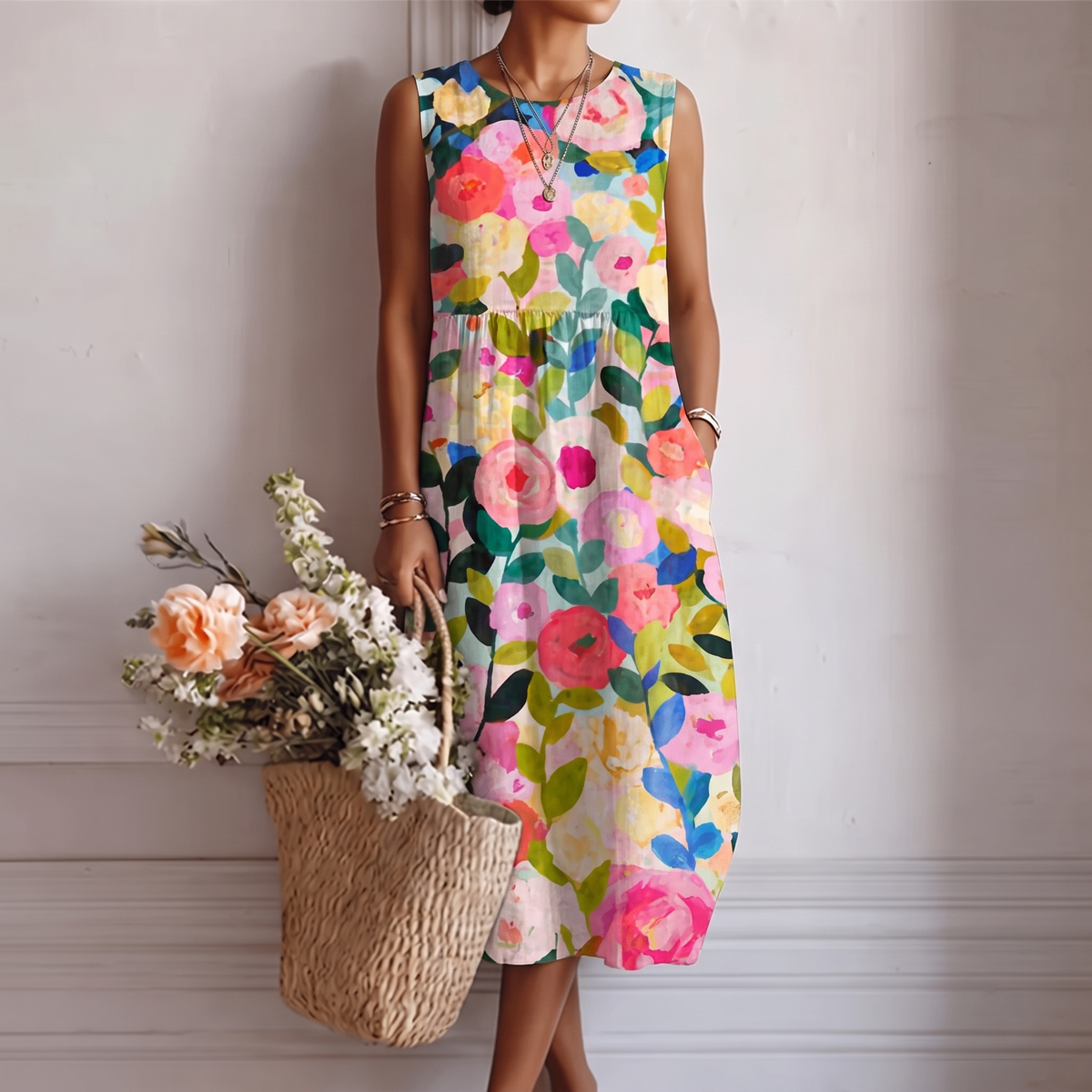 Round Neck Watercolor Floral Sleeveless Pocket Midi Dress