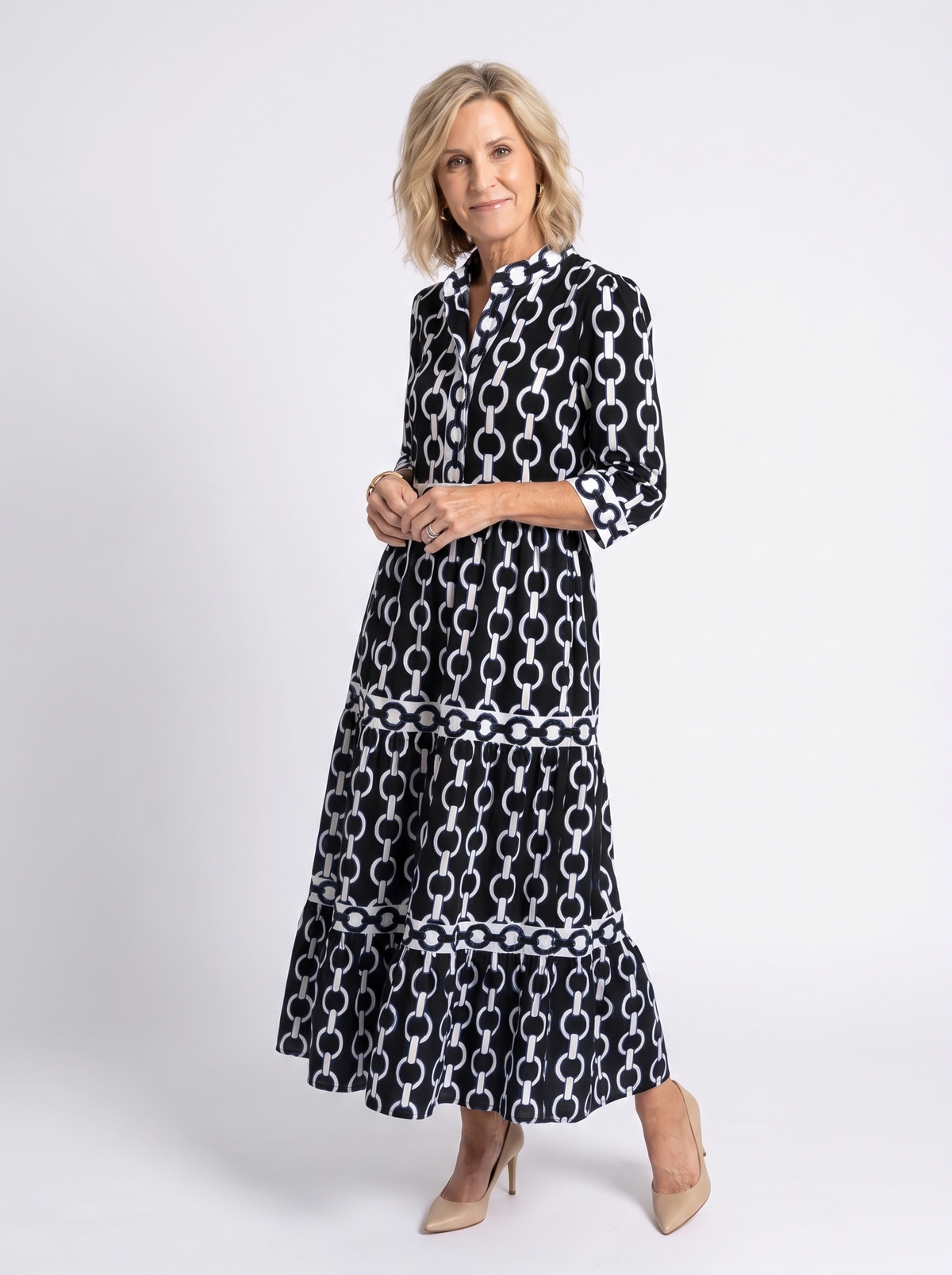 Chain Print Band Collar 3/4 Sleeve Tiered Maxi Dress 9
