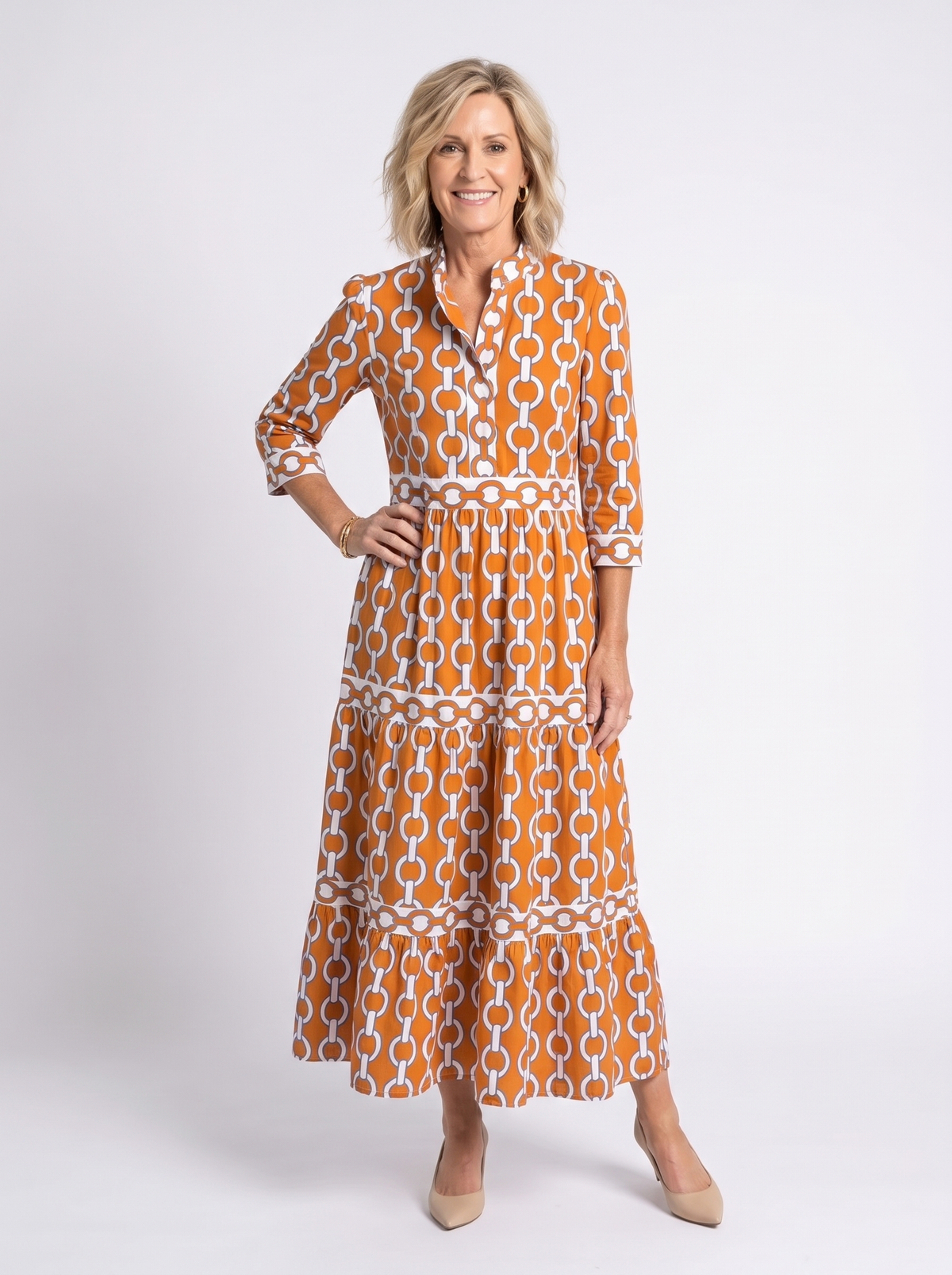 Chain Print Band Collar 3/4 Sleeve Tiered Maxi Dress 8