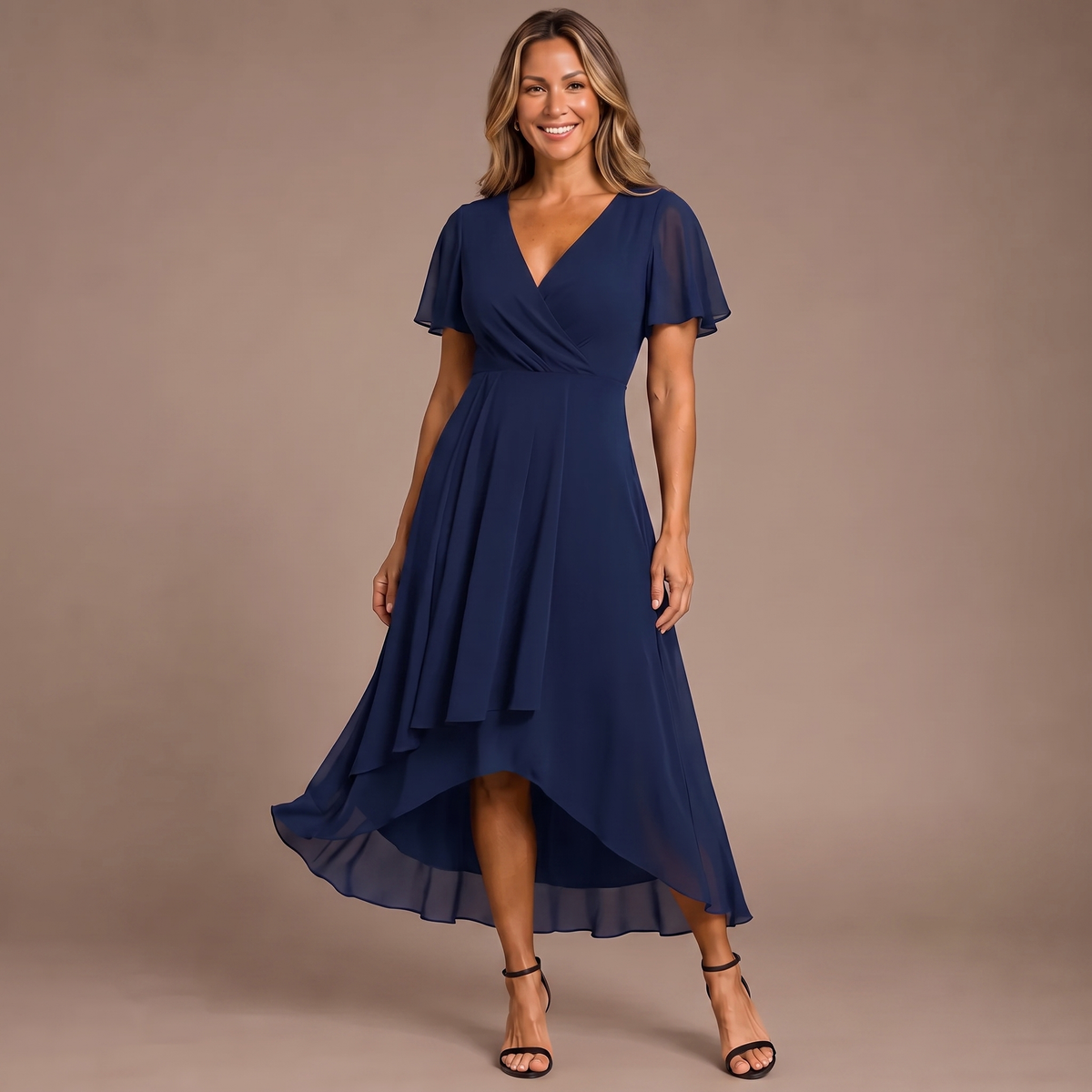 Chiffon V-Neck Flutter Sleeve High Low Midi Dress