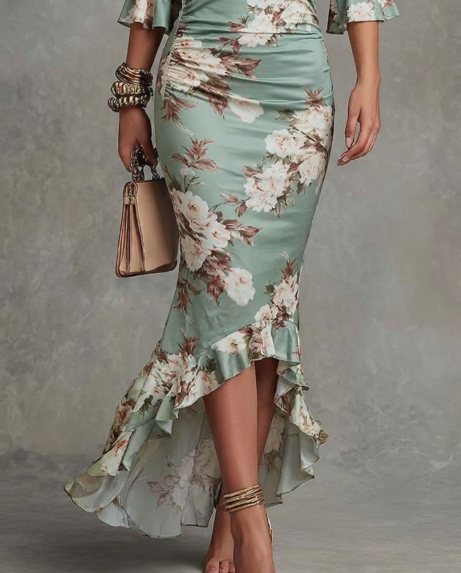 Floral Satin V-Neck Ruffle Sleeve Ruched High Low Midi Dress 5