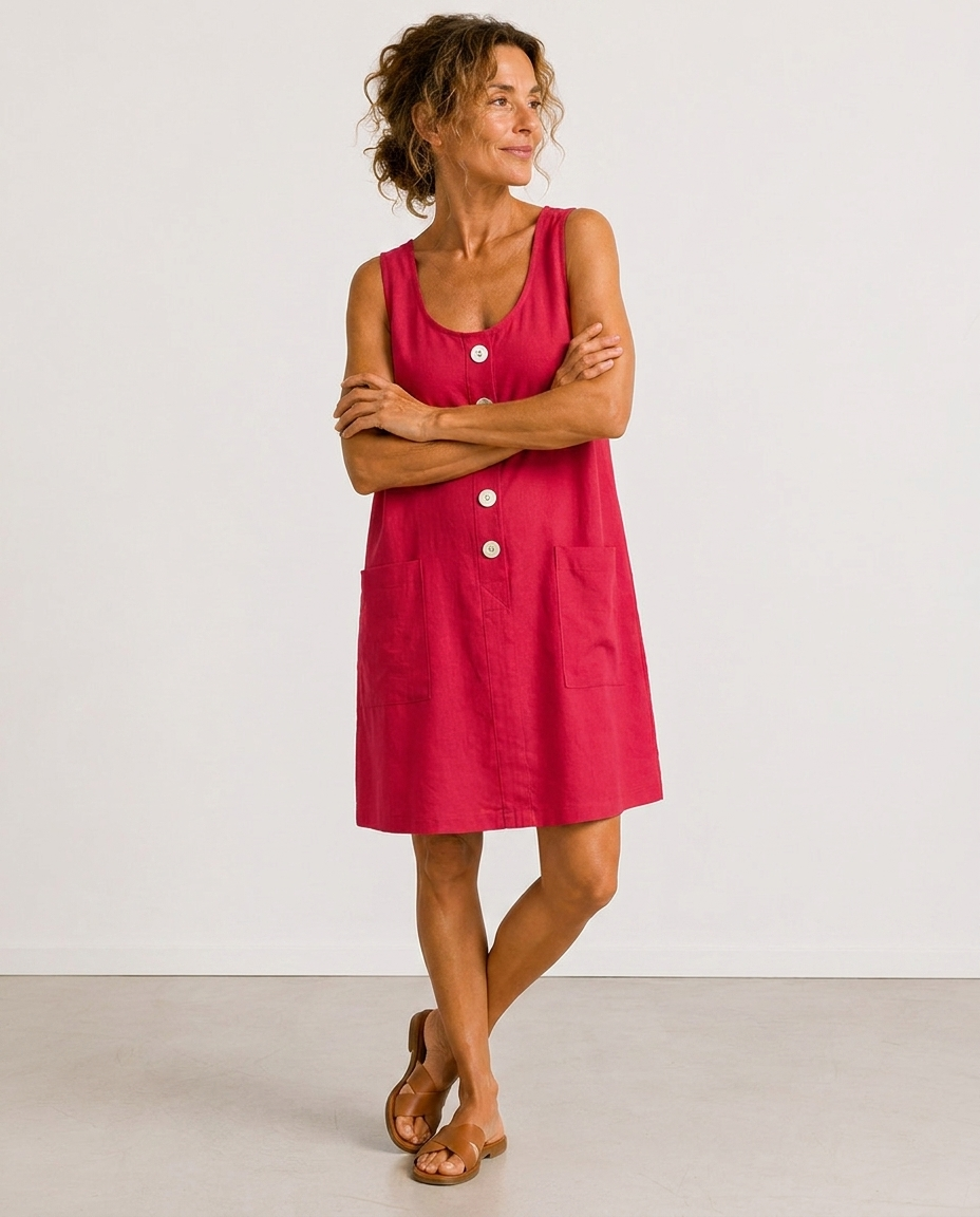 Scoop Neck Sleeveless Button Front Patch Pocket A-Line Mini Dress 9