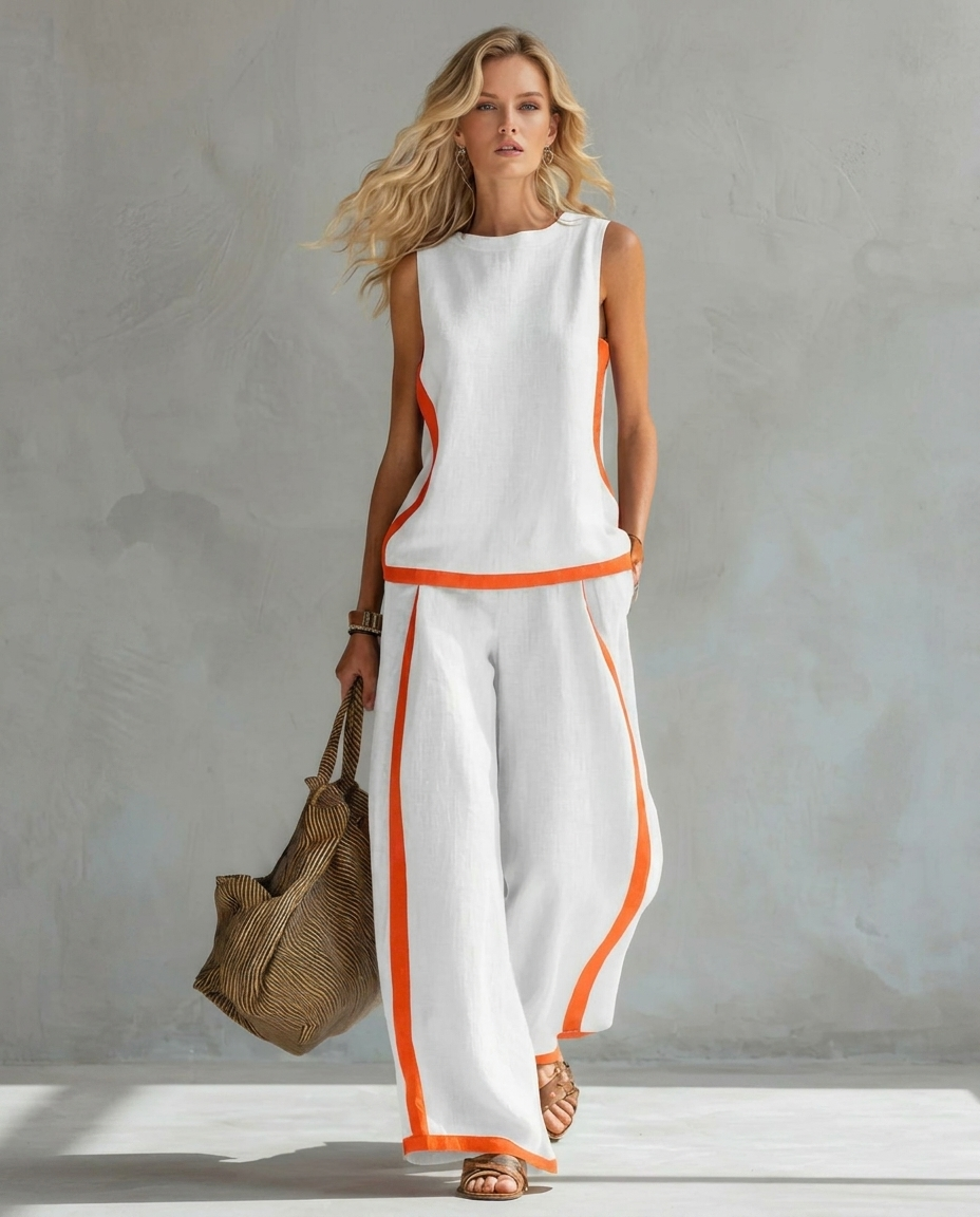 Sleeveless Contrast Trim Top and Wide Leg Pants Two Piece Set 3