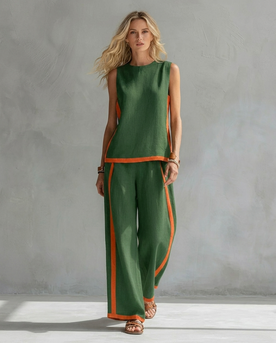 Sleeveless Contrast Trim Top and Wide Leg Pants Two Piece Set 5