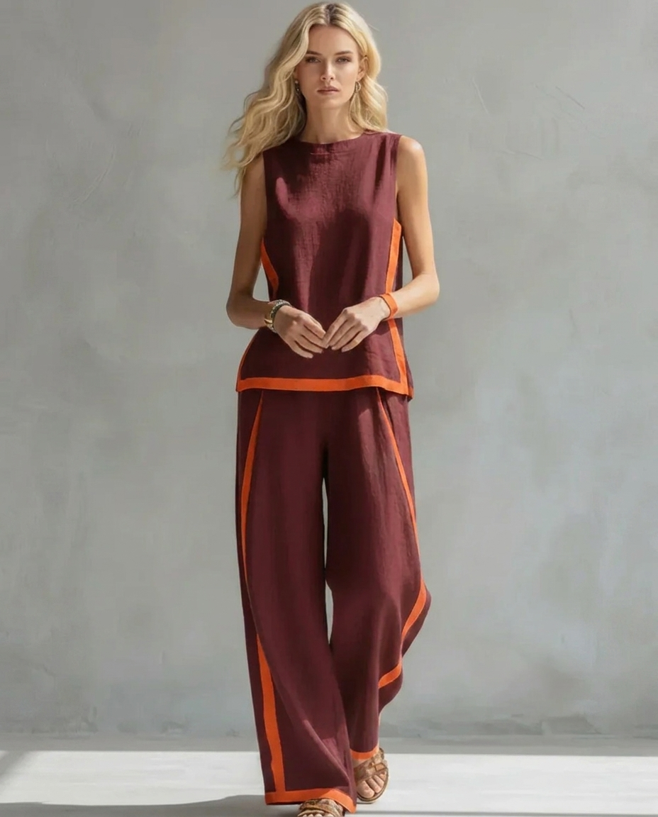 Sleeveless Contrast Trim Top and Wide Leg Pants Two Piece Set 6