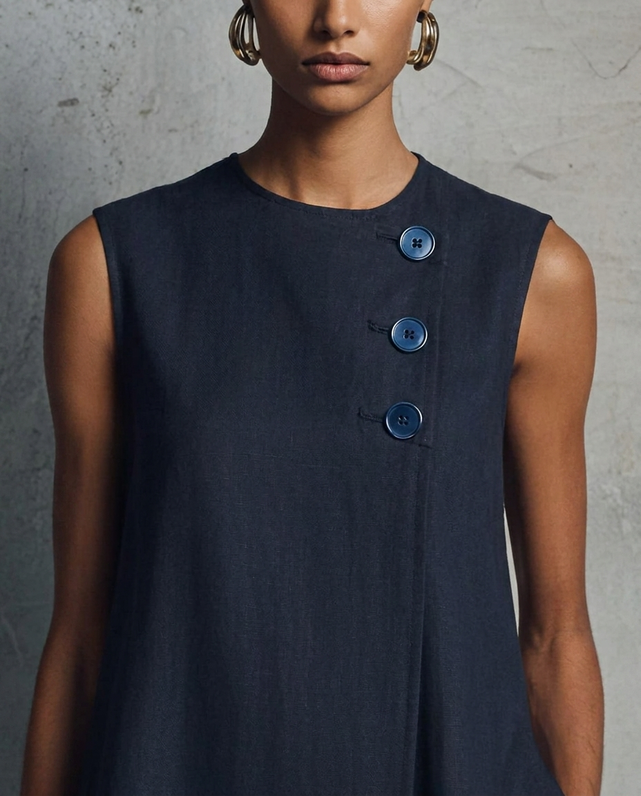 Round Neck Sleeveless Asymmetric Button A-Line Mini Dress 3