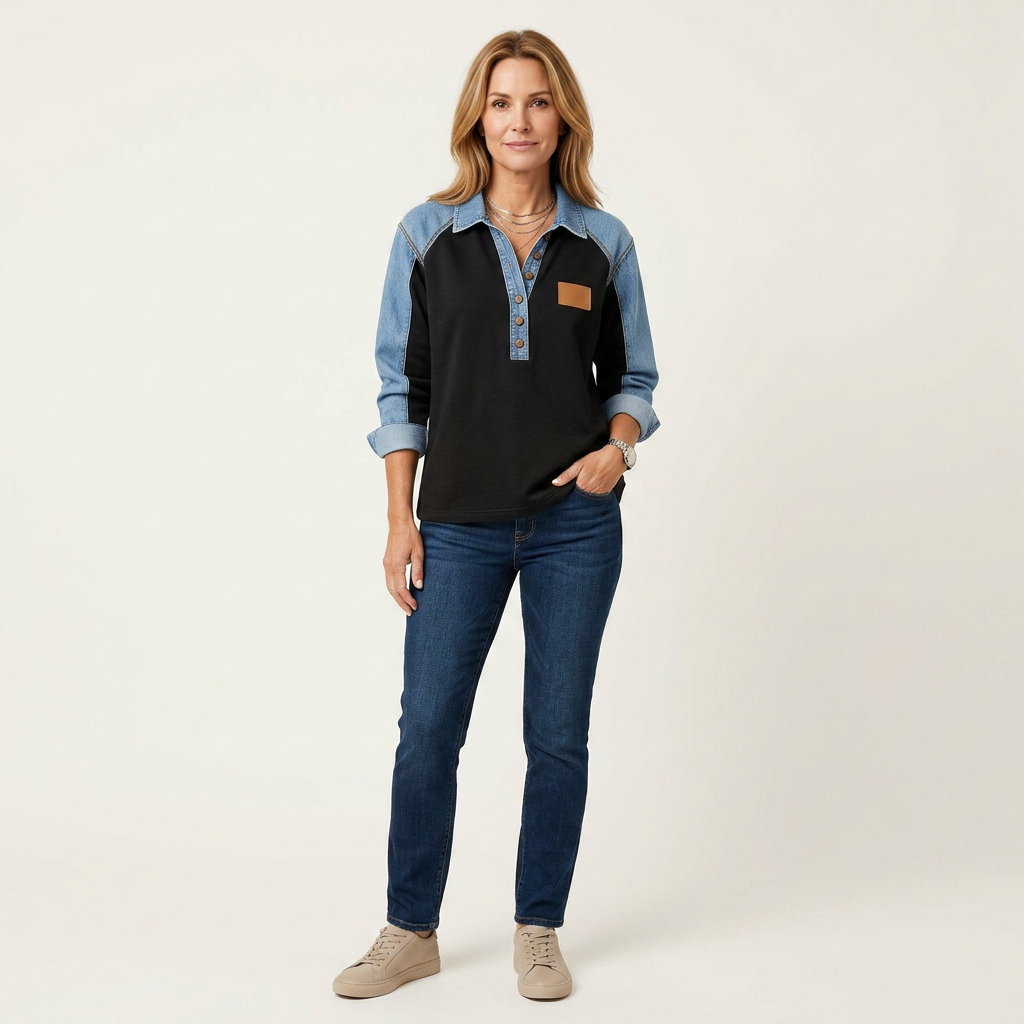 Denim Contrast Collar Button Placket Sweatshirt