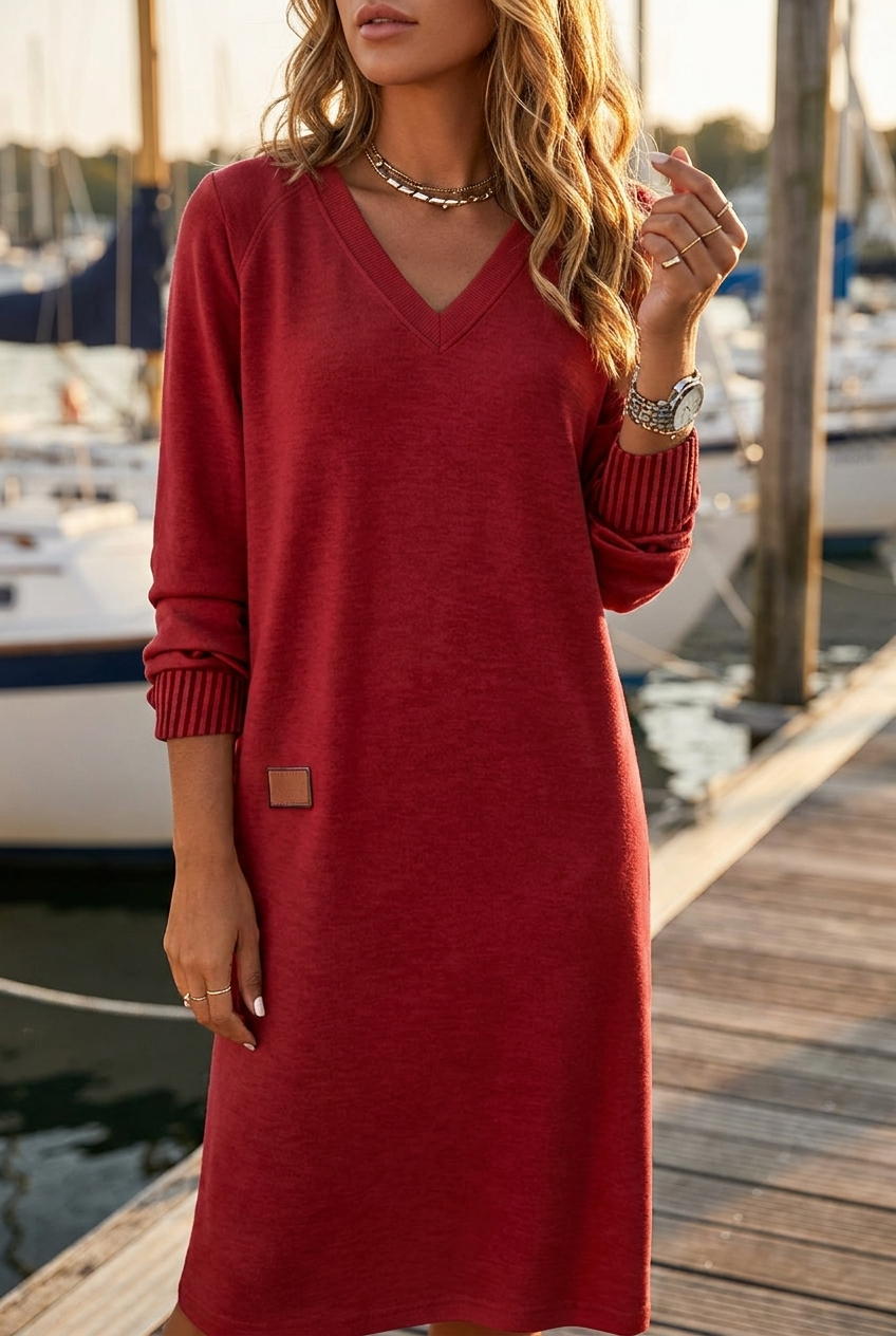 V-Neck Long Sleeve Ribbed Knit Midi Sweater Dress 3