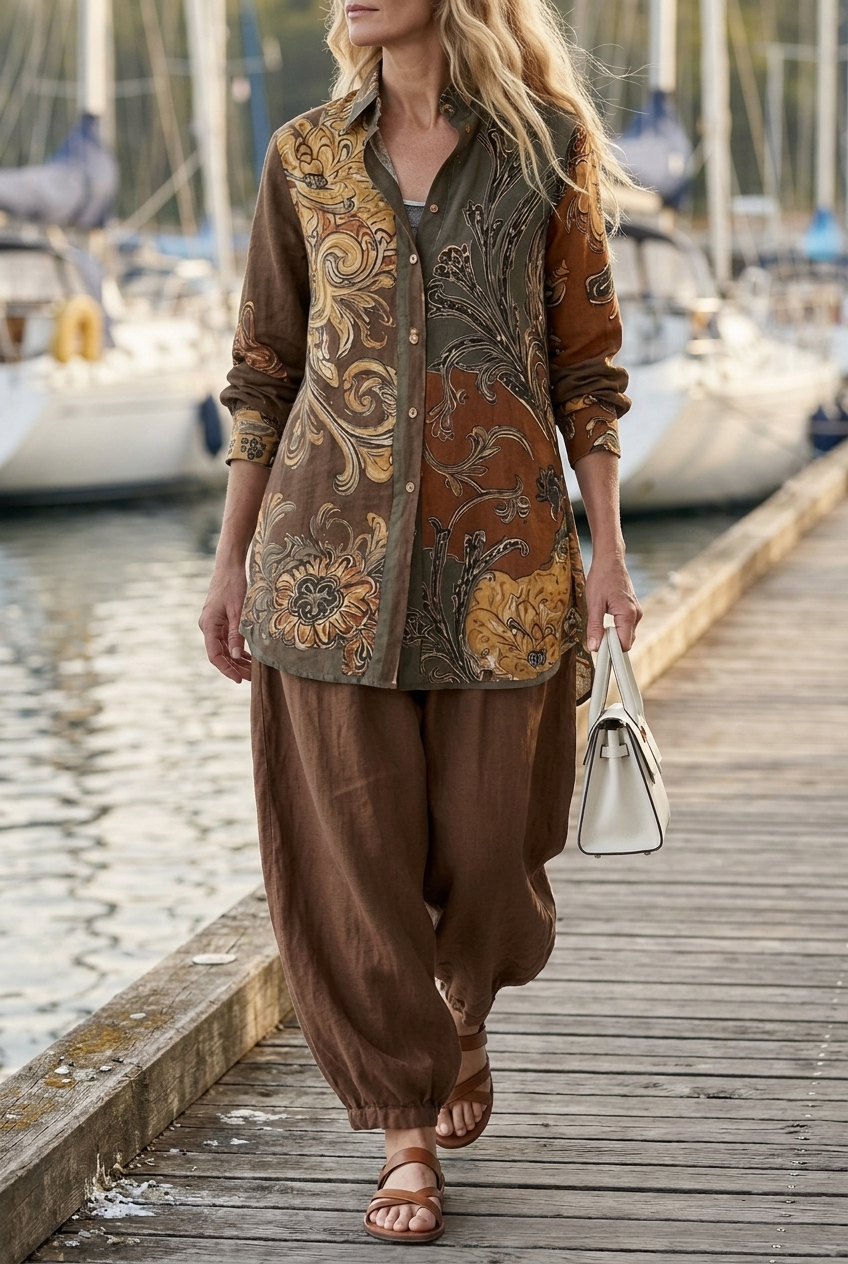 Baroque Print Collared Long Sleeve Button Front Longline Shirt
