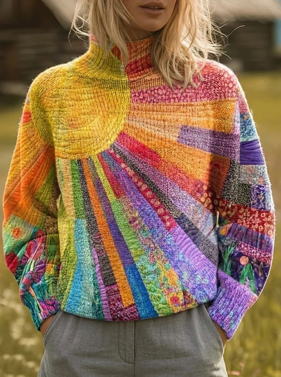 Mock Neck Long Sleeve Sunburst Print Sweater