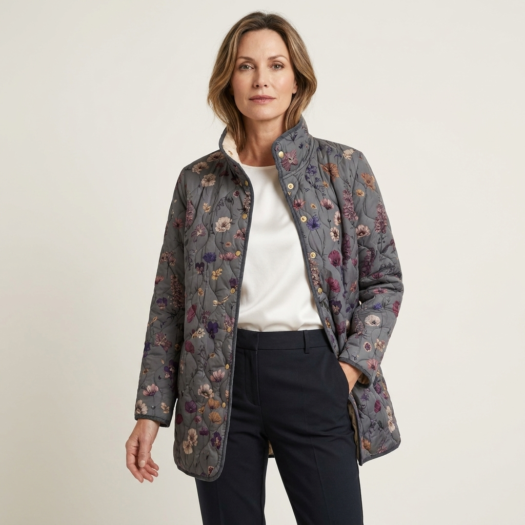 Floral Print Quilted Stand Collar Button Front Jacket