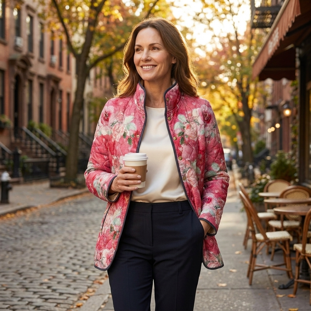 Floral Print Stand Collar Zip Front Quilted Jacket 2