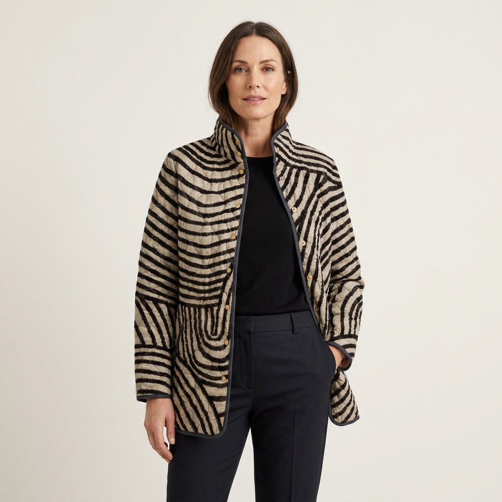 Swirl Print Stand Collar Button Front Quilted Jacket