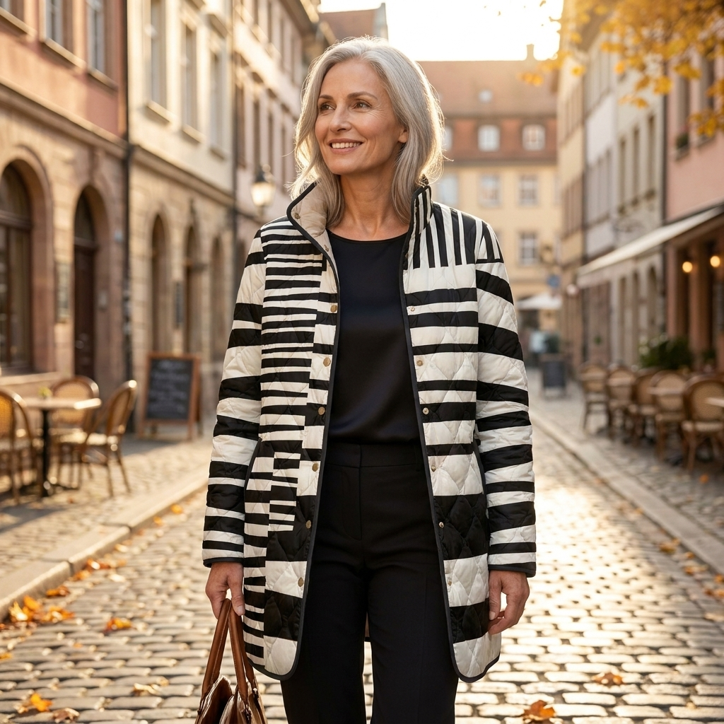 Striped Stand Collar Longline Quilted Coat 2