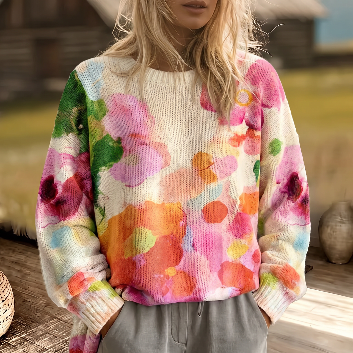 Watercolor Floral Print Crew Neck Oversized Knit Sweater