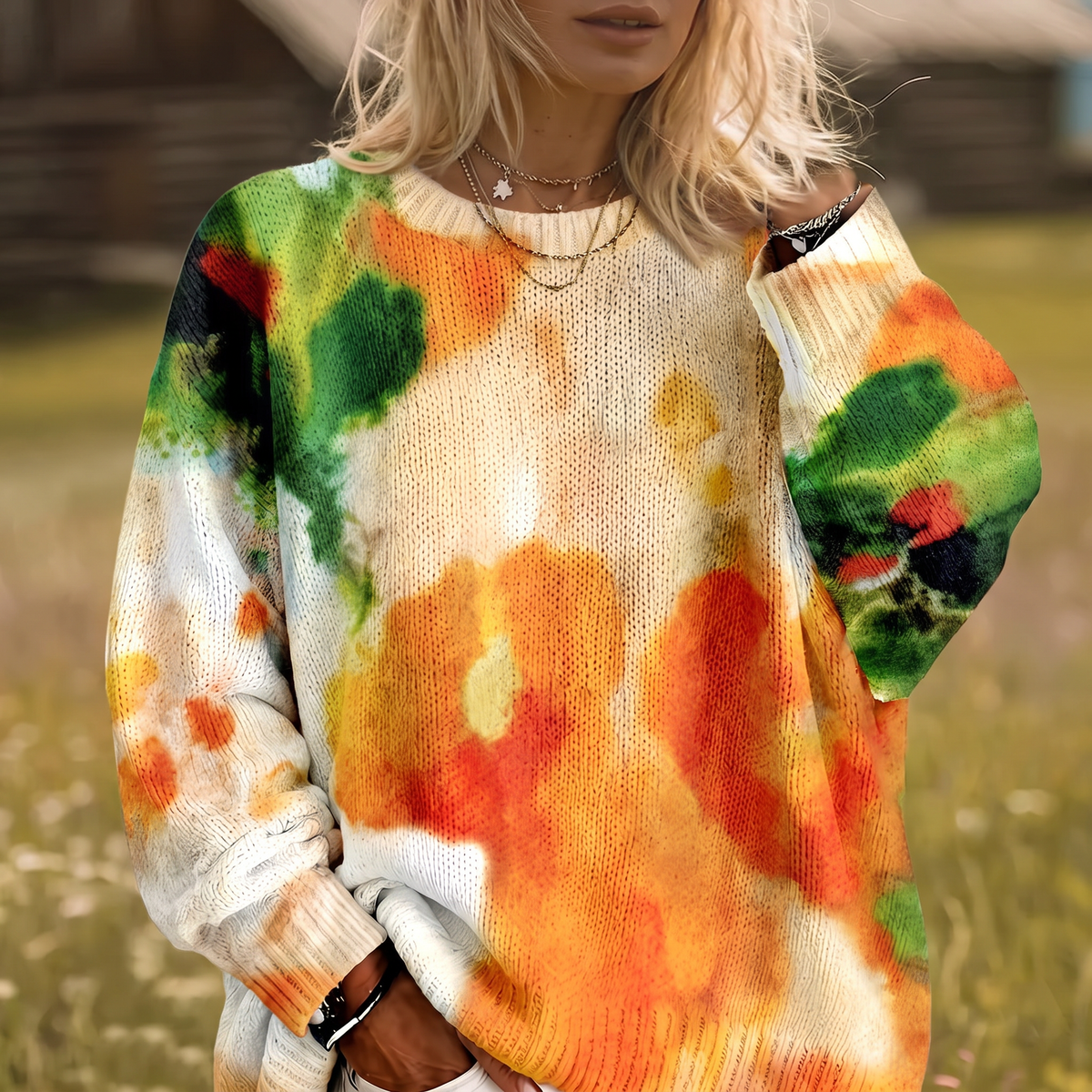 Watercolour Print Crew Neck Long Sleeve Oversized Sweater 2