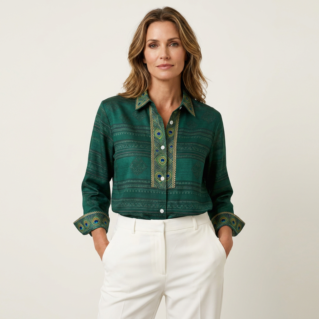Peacock Feather Print Button Front Collared Blouse