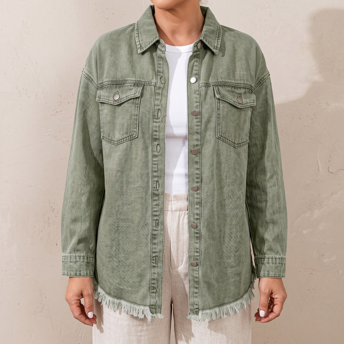 Raw Hem Button Front Denim Shirt Jacket