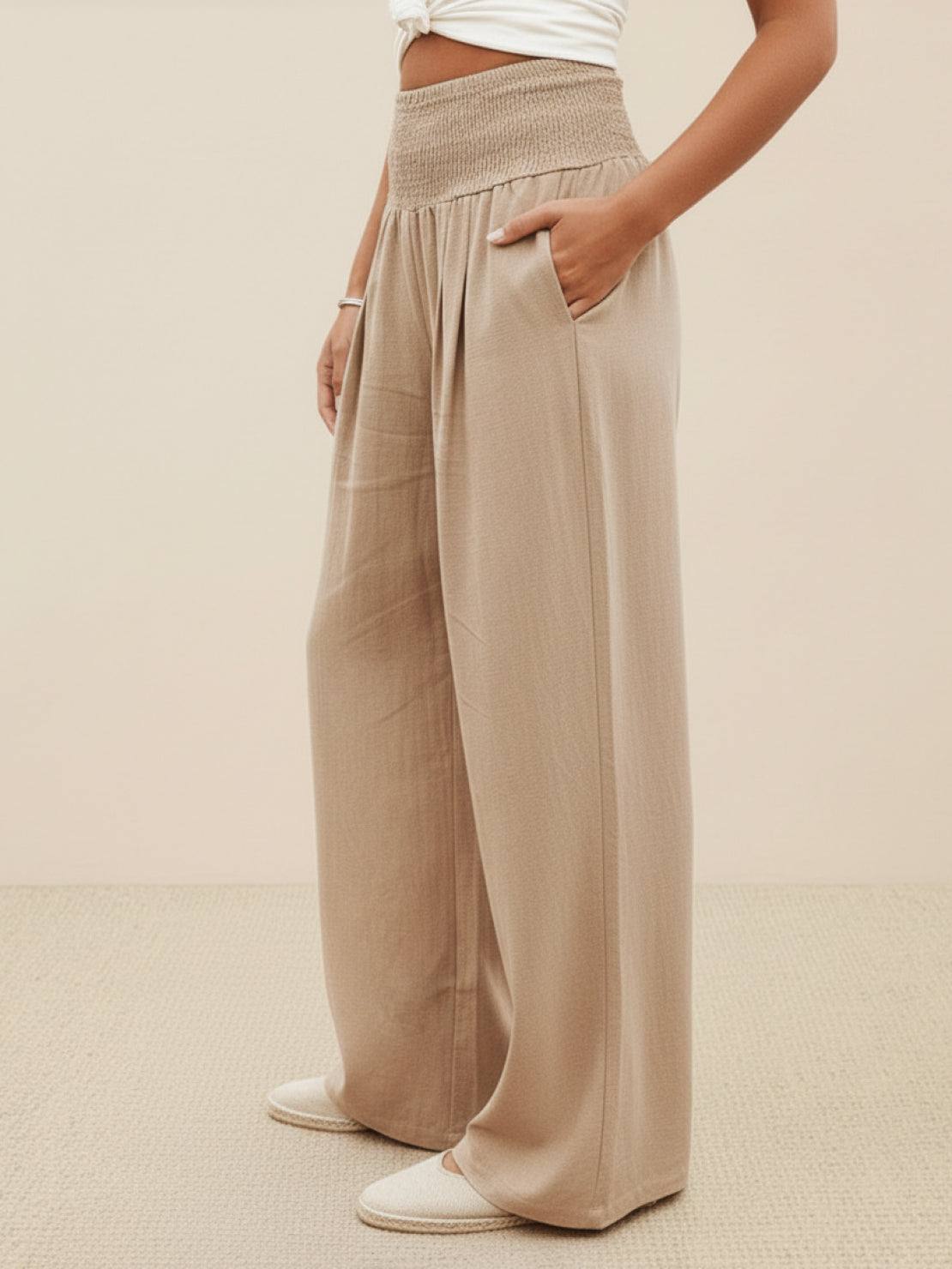 Smocked High Waist Pleated Wide Leg Palazzo Pants 3