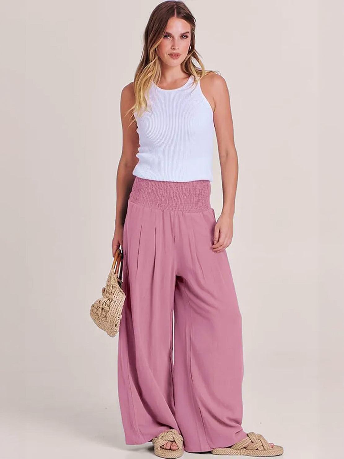 Smocked High Waist Pleated Wide Leg Palazzo Pants 10