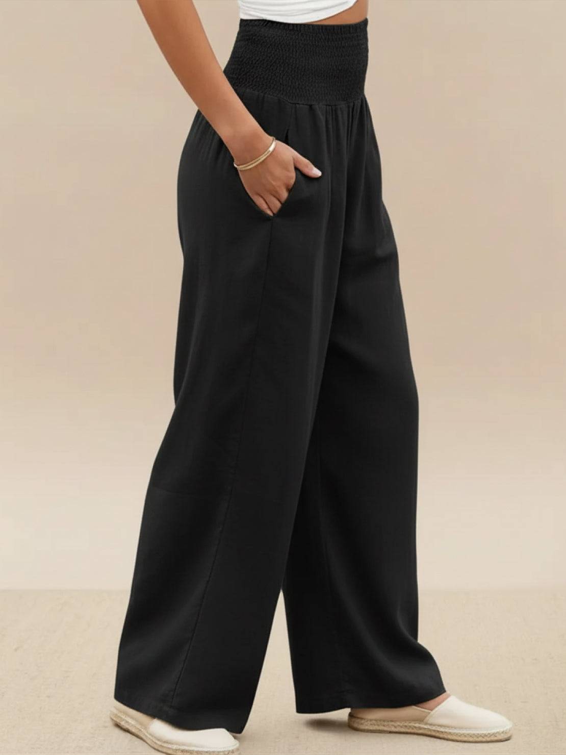 Smocked High Waist Pleated Wide Leg Palazzo Pants 21
