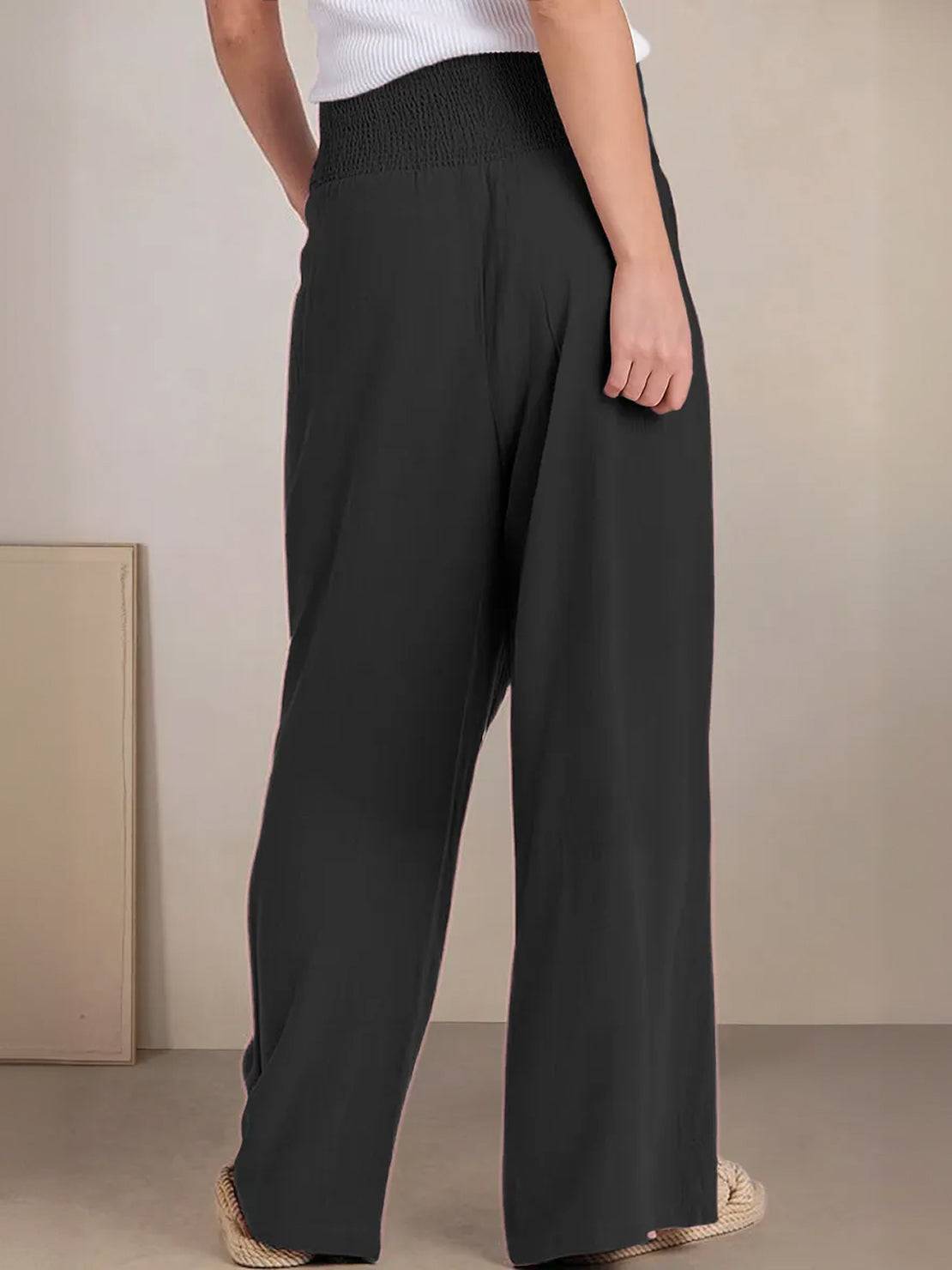 Smocked High Waist Pleated Wide Leg Palazzo Pants 23