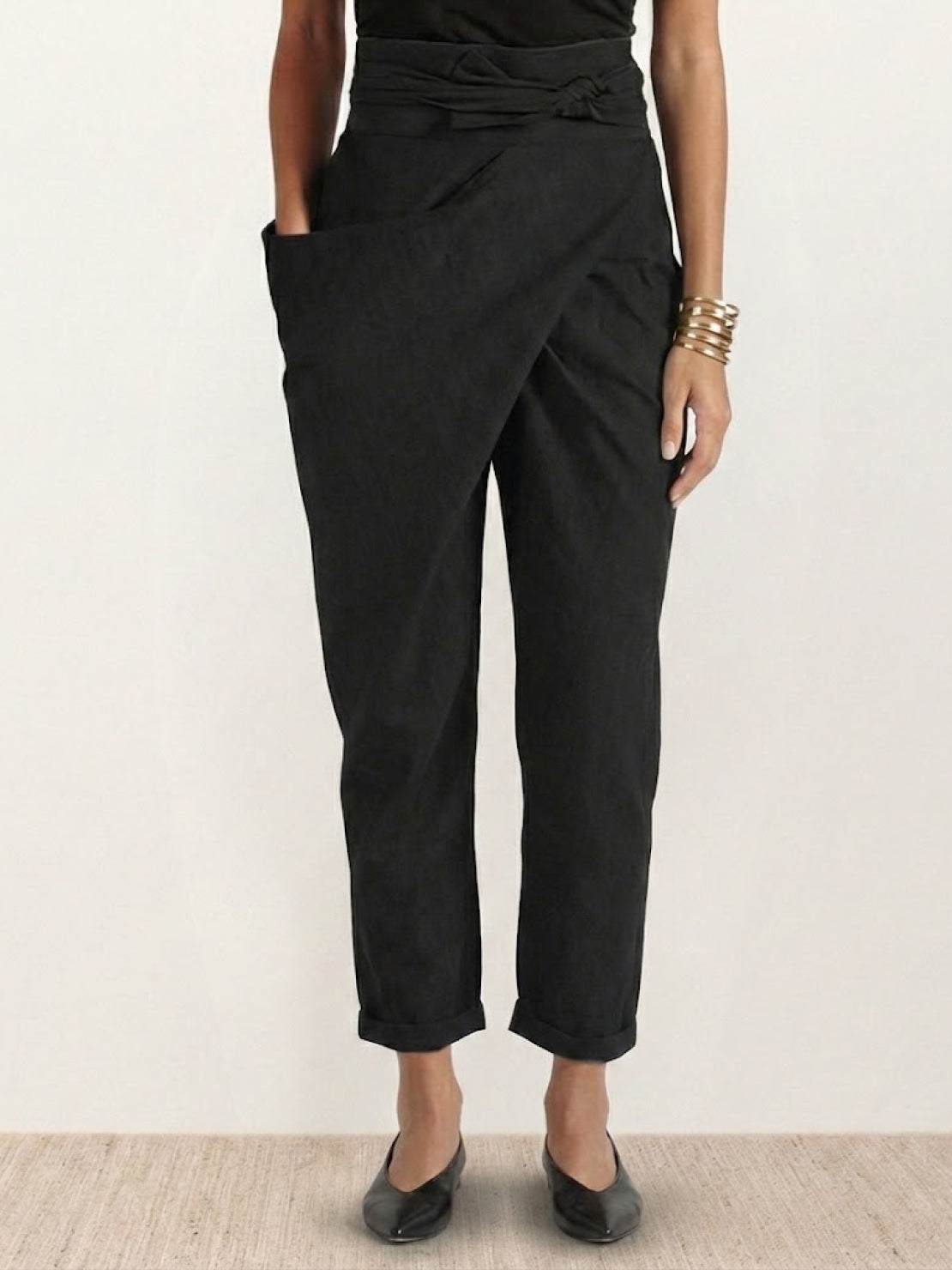 High Waist Wrap Front Tie Tapered Denim Look Pants 22