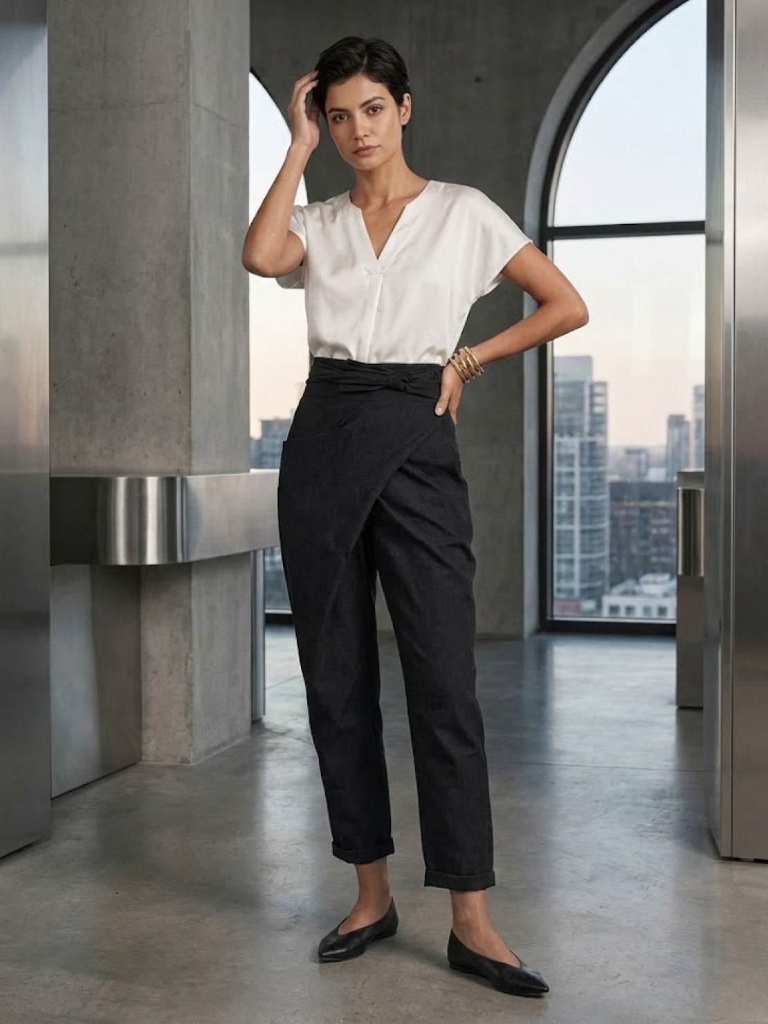 High Waist Wrap Front Tie Tapered Denim Look Pants 23