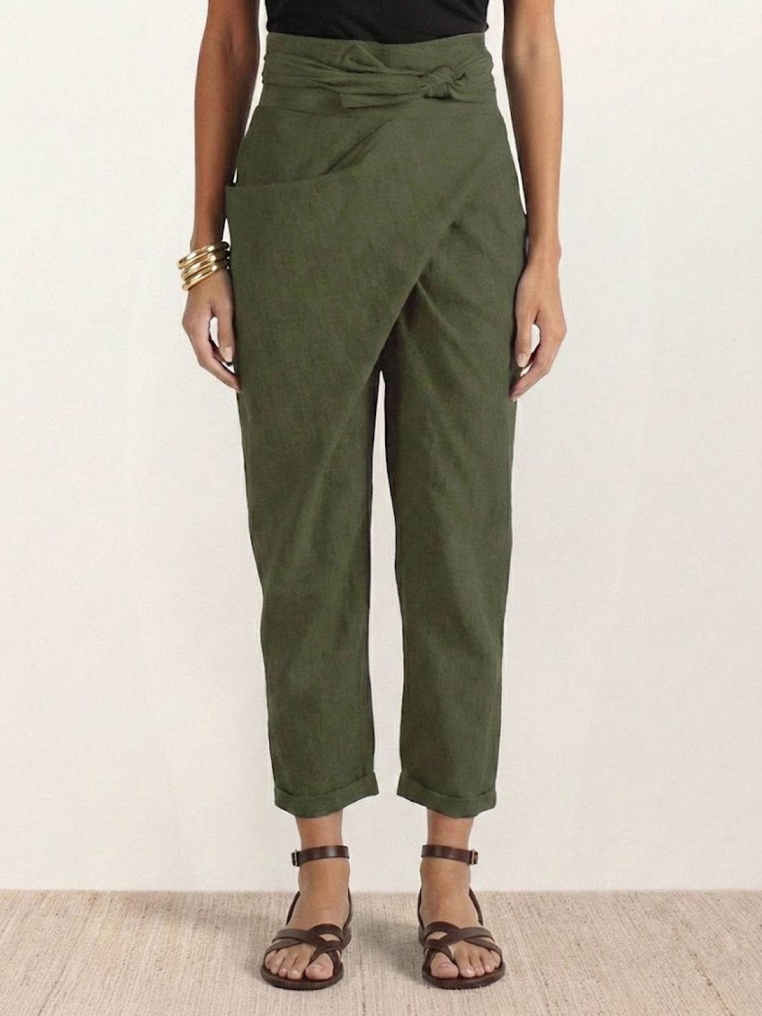 High Waist Wrap Front Tie Tapered Denim Look Pants 7
