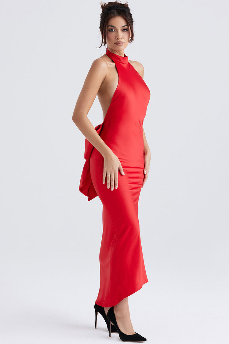 Satin Halter Neck Backless Bow Back Maxi Dress - View 3