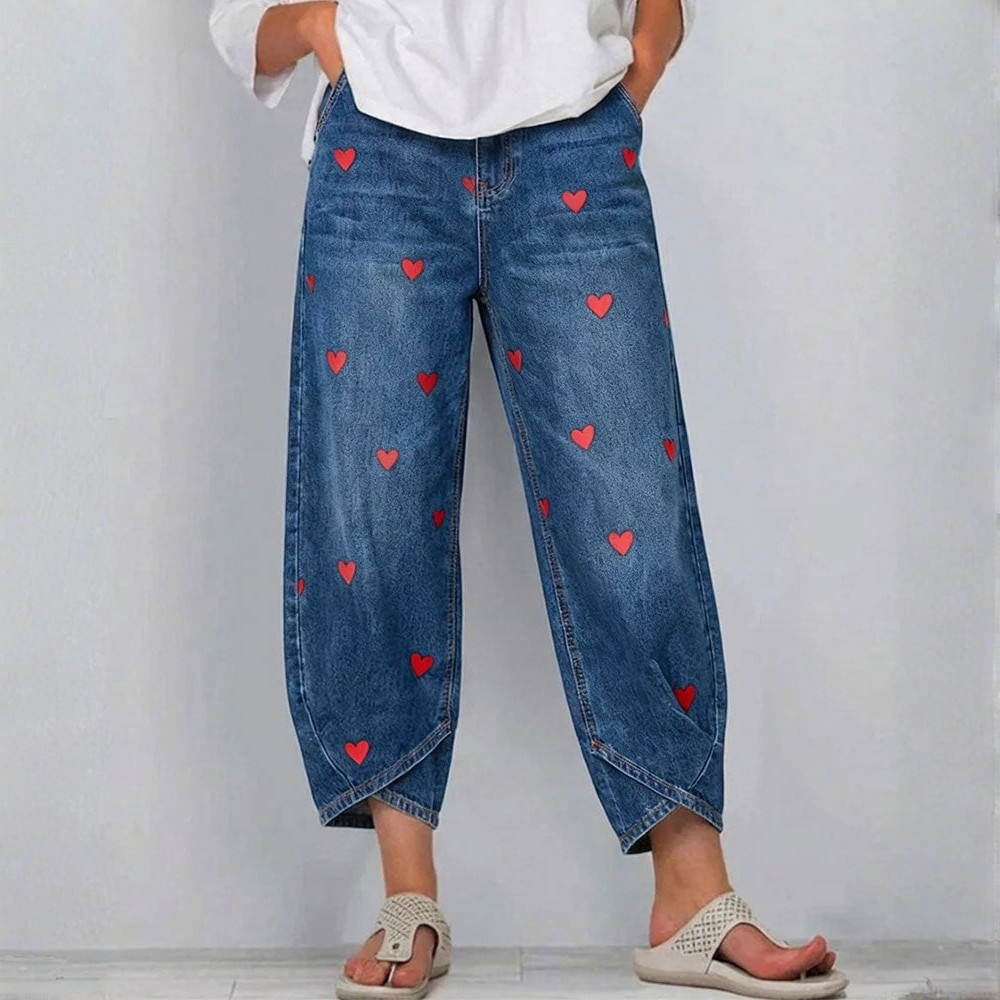 Heart Print High Waist Barrel Leg Ankle Jeans 3