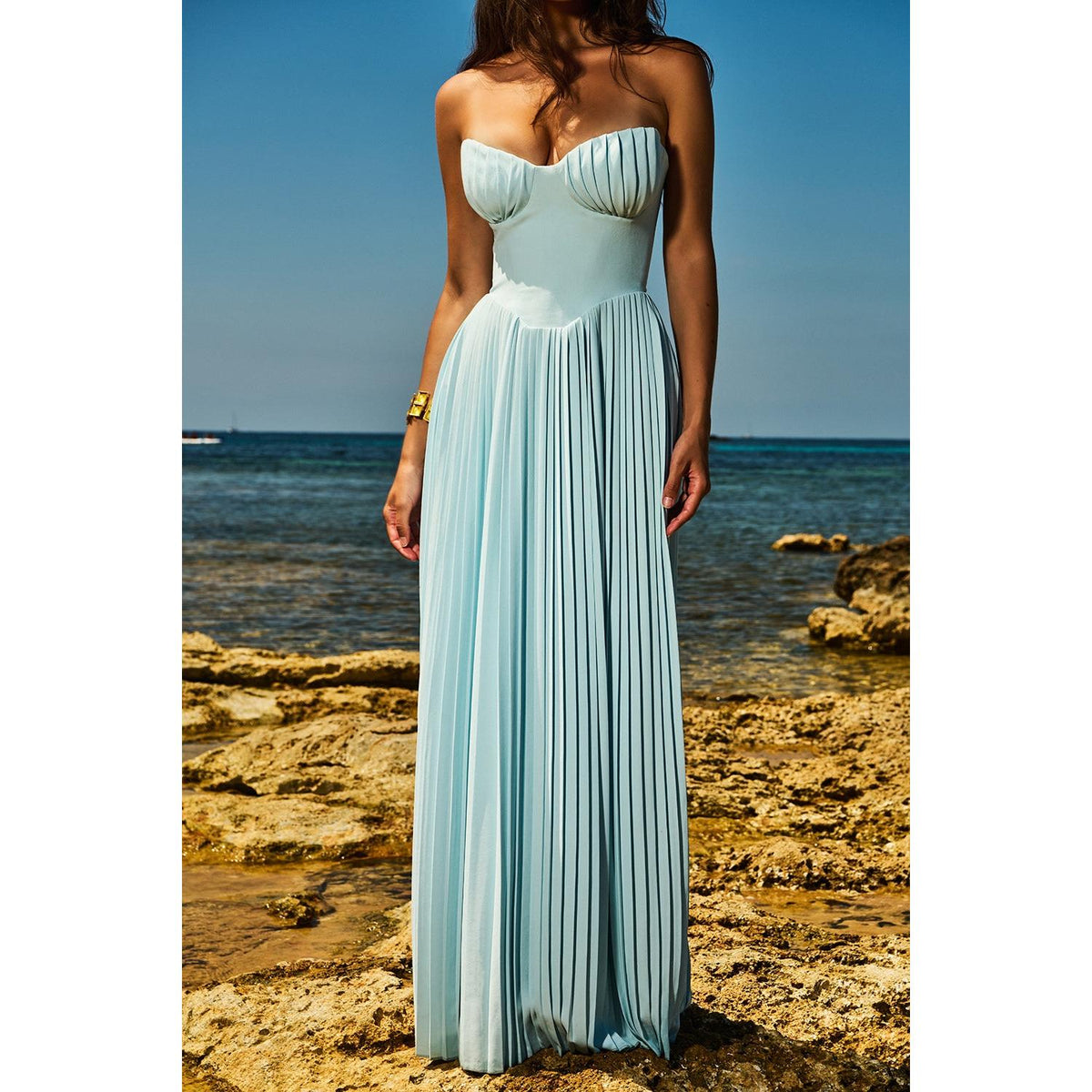 Chiffon Strapless Corset Pleated Maxi Gown - View 6