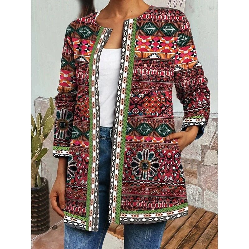 Aztec Geometric Print Open Front Long Sleeve Jacket