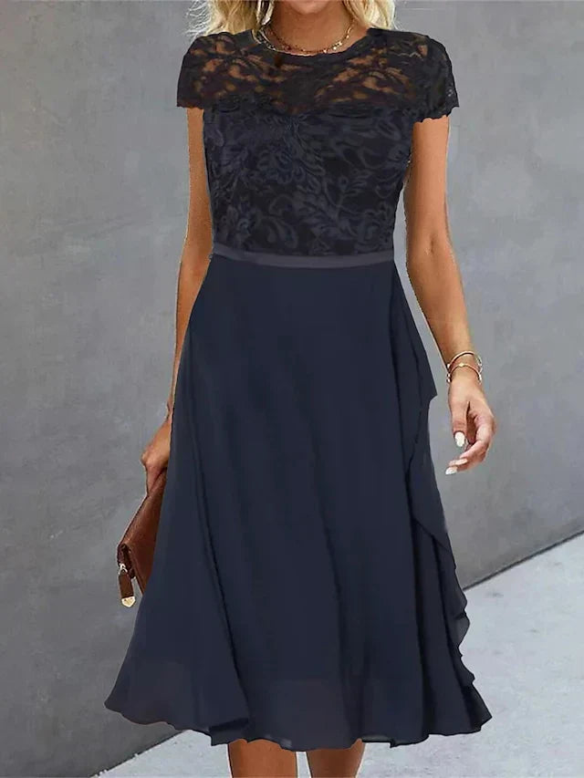Floral Lace Cap Sleeve Jewel Neck Side Ruffle Cascade Midi Dress - View 2